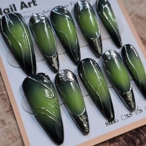 101. Green Ombre Stiletto Press-On Nails with Silver Accents